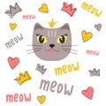 Set of cute cat head, paws and crown. Collection of kitten with the inscription meow. Vector illustration for children.