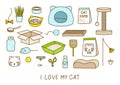 Set of cute cat items isolated on white - cartoon objects for happy pet design Royalty Free Stock Photo