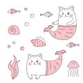 Set of cute cat mermaid, shell, fish