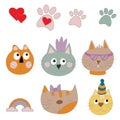 Set cute cat, rainbow, dog paws, clouds, glasses, princess in crown, pet paw, red hearts. Great for kids apparel Royalty Free Stock Photo