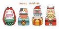 Set of cute cat wear santa hat sit on gift box in various poses.Merry christmas Royalty Free Stock Photo