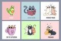 Set of cute cats cards. Avocado cat, coffee-cat. Cat reading a b