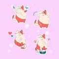 Set of cute cats. Four stickers of ginger cats on pink background vector isolated illustration.
