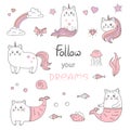 Set of cute cats mermaids and cats unicorns