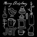 Set of cute chalk christmas hand drawn graphic elements, isolated objects