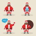 Set of cute character Santa clauses in different poses. Santa with the bag, with gift, waving his hand. Modern flat design. Vector