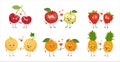 Set of cute characters of fruits and berries with emotions, faces, arms and legs. Happy people in love hold hands and