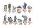 Set of cute characters, funny plants in pots with eyes, smiles, legs. Kawaii cacti. Cartoon  isolated on a white background Royalty Free Stock Photo