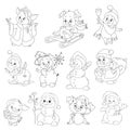 A set of cute characters for the new year. Christmas characters. Cartoon piglets and snowmen for coloring books.