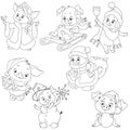 A set of cute characters for the new year. Christmas characters. Piggy cartoon for coloring the book. Vector elements.