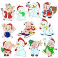 A set of cute characters for the new year. Christmas characters. Piglets and snowmen for greeting cards. Vector. Royalty Free Stock Photo