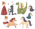 Set of cute characters - princess, knight, dragon, unicorn and butterfly Royalty Free Stock Photo