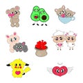 Set of cute characters for Valentines Day sheep teddy bear pikachu kittens avacado heart style cartoon print on textiles