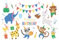 Set of cute cheerful animals in party hats. Birthday party celebration clipart collection. Vector holiday pack with bright present Royalty Free Stock Photo