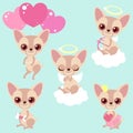 Set of cute chihuahua dogs for congratulations for a birthday or Valentine`s Day. Romantic stickers. Children`s characters.