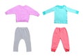 Set of cute child sweatshirts and pants on white background, top view. Royalty Free Stock Photo