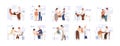 Set of cute child visit doctor vector flat illustration. Collection of various kids and parents at physician