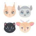 Set of cute childish portrait of cat, lemur, squirrel and deer. Flat illustration for sticker and greeting card. Lovely animal