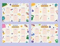 Set of cute childish school timetables, weekly classes schedule for kids with school supplies. Printable planner, diary