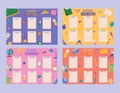 Set of cute childish school timetables, weekly classes schedule for kids with school supplies. Printable planner, diary