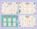 Set of cute childish school timetables, weekly classes schedule for kids with school supplies. Printable planner, diary