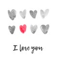 Set of Cute Childlike Watercolor Black and White Hearts. Hand Drawn Paint Object for Graphic Design use. Abstract Brush Drawing.