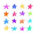 Set of Cute Childlike Watercolor Multicolor Stars. Hand Drawn Paint Object for Graphic Design use. Abstract Brush Drawing. Naive