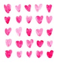 Set of Cute Childlike Watercolor Pink Hearts. Hand Drawn Paint Object for Graphic Design use. Abstract Brush Drawing. Naive Art