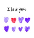 Set of Cute Childlike Watercolor Violet Hearts. Hand Drawn Paint Object for Graphic Design use. Abstract Brush Drawing. Naive Art