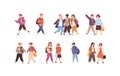 Set of cute children with backpack or bag going to elementary or middle school vector flat illustration. Collection of