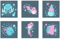 A set of cute children`s square pictures of cartoon floating girls mermaids, fish, octopus and shell on dark backgrounds. Design f