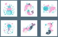 Set of cute children`s square pictures of cartoon little girls mermaids, fish, seahorse and shell on white backgrounds. Collection Royalty Free Stock Photo