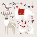 Set of cute Christmas animals, birds and decoratione icons. Polar bear, deer and goose birds with white rabbit Royalty Free Stock Photo