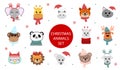 Set of cute christmas animals characters. Cartoon zoo. Vector illustration in flat style. African and Siberian animals. Royalty Free Stock Photo