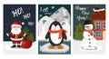 A set of cute Christmas cards. Postcards with Christmas motifs Santa Claus, bear, snowman, sleigh with gifts, Christmas Royalty Free Stock Photo