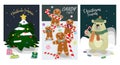 A set of cute Christmas cards. Postcards with Christmas motifs Santa Claus, bear, snowman, sleigh with gifts, Christmas Royalty Free Stock Photo