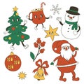 Set of cute christmas characters in groovy style. Vector graphics Royalty Free Stock Photo