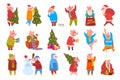 Set of Cute Christmas Cheerful Pigs, Funny Piglet Cartoon Character Xmas Activity Cartoon Vector Illustration