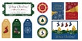 Set of cute Christmas elements: ticket, label, round stickers and holiday cards in A4 and A5 sizes. Christmas colors - green, red, Royalty Free Stock Photo