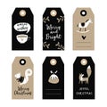 Set of cute Christmas gift tags, labels with squirrel, fox, Christmas pudding and wooden horse. Hand drawn illustrations Royalty Free Stock Photo