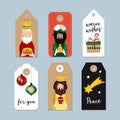 Set of cute Christmas gift tags. Three magi. Biblical kings Caspar, Melchior and Balthazar. Vector illustration