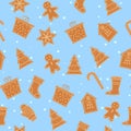Set of cute christmas gingerbreads seamless pattern. Delicious cookies. Flat vector illustration Royalty Free Stock Photo