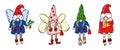 Set of cute christmas girls gnomes. Collection of holidays elves and angels with gifts.