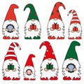 Set of cute Christmas Gnomes. Vector illustration flat design of a fairytale characters of dwarfs isolated on white. Royalty Free Stock Photo