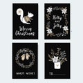 Set of cute Christmas greeting cards, invitations with squirrel, wreath glowes and winter flowers. Hand drawn