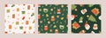 Set of cute Christmas and Happy New Year seamless patterns. Santa Claus, gingerbread cookies, gift boxes, stocking Royalty Free Stock Photo