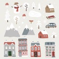 Set of cute Christmas landscape, town and village icons. Hand drawn houses, mountains, snowman and trees. Isolated