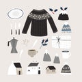 Set of cute Christmas lifestyle and food icons. Knitted sweater, cap and gift boxes. Set of houses. Cup of coffe