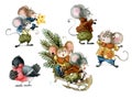 Set of cute christmas mice in cartoon style. Watercolor christmas illustration