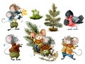 Set of cute christmas mice in cartoon style. Watercolor christmas illustration Royalty Free Stock Photo